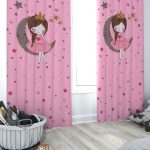Pembe Prenses Kız ve Ay Yıldız Desenli Çocuk Odası Fon Perde