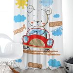 Sevimli Ayıcık ve Kırmızı Araba Motifli Erkek Çocuk / Bebek Odası Fon Perde