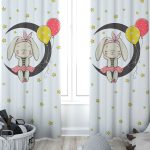 Aydaki Sevimli Tavşan ve Balon Desenli Çocuk / Bebek Odası Fon Perde