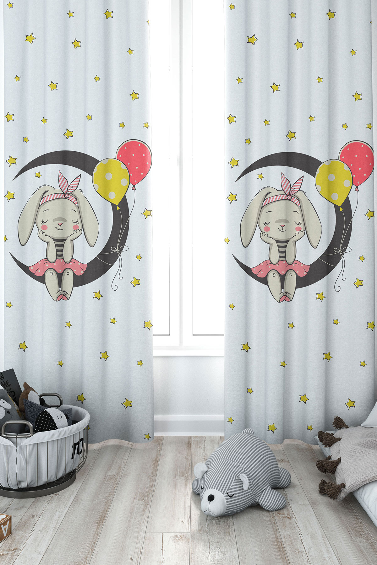 fon-60-1 Aydaki Sevimli Tavşan ve Balon Desenli Çocuk / Bebek Odası Fon Perde - Görsel 1