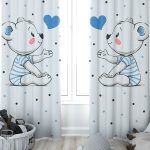 Mavi Kalpli Sevimli Ayıcık Desenli Benekli Erkek Bebek ve Çocuk Odası Fon Perde