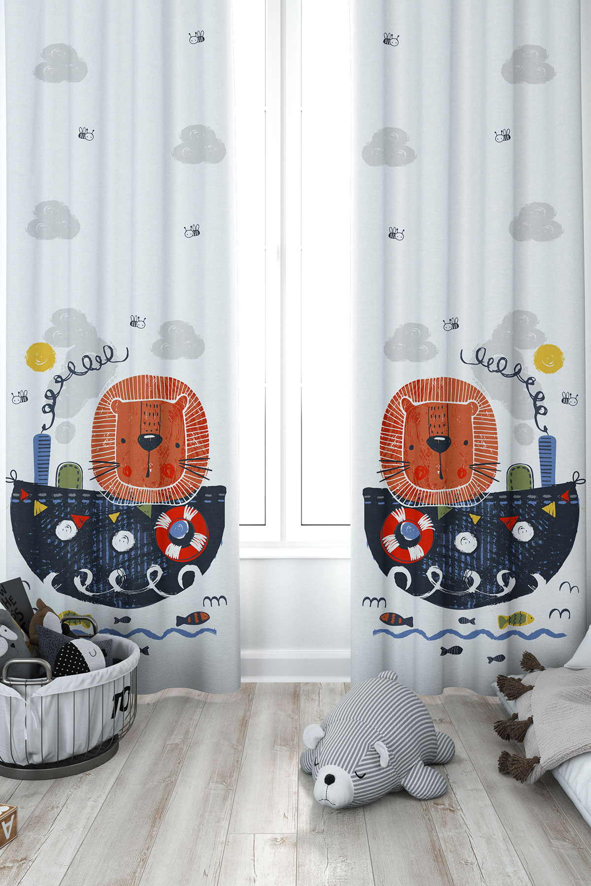fon-71-1 Denizci Aslan ve Gemi Desenli Dijital Baskılı Bebek & Çocuk Odası Fon Perde - Görsel 1