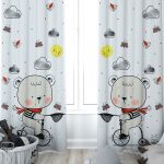 Bisikletli Sevimli Ayıcık ve Kelebek Desenli Dijital Baskılı Bebek & Çocuk Odası Fon Perde