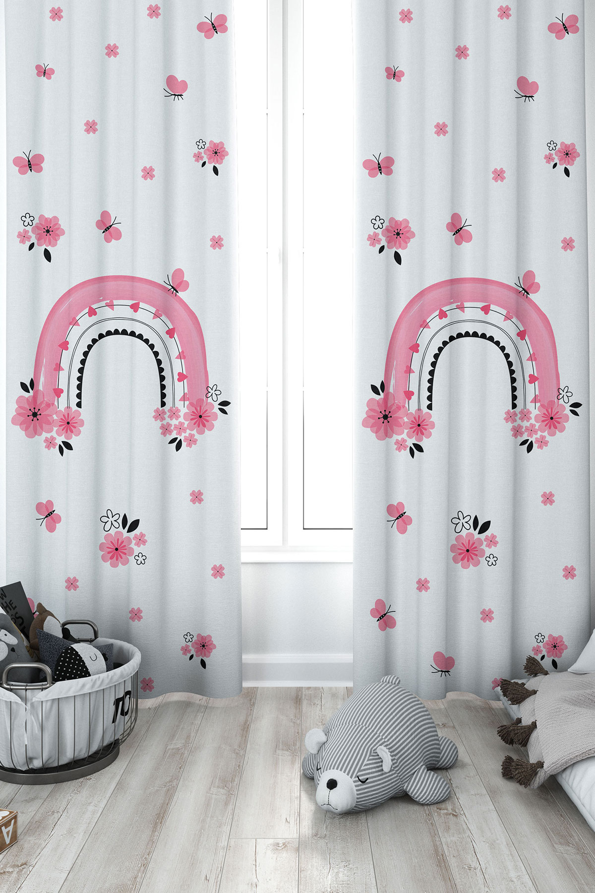 fon-84-1 Pembe Boho Gökkuşağı Temalı Leke Tutmaz Çocuk Odası Fon Perde - Görsel 1